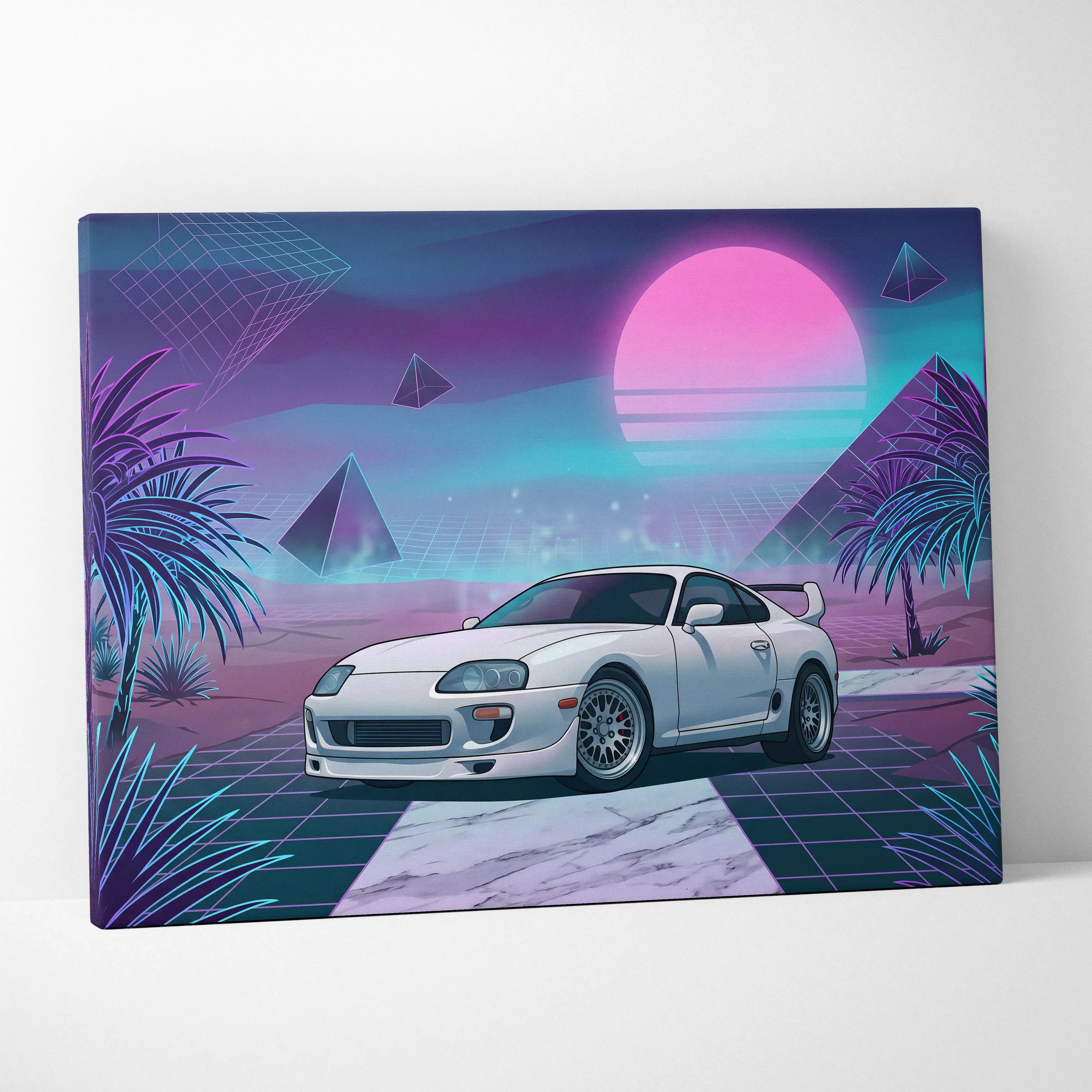Toyota Supra MK4 Inspired White Purple Canvas Wall Art Vaporwave JDM Sports Car Artwork Neon Desert Garage Decor Retro Futuristic Sunset Print
