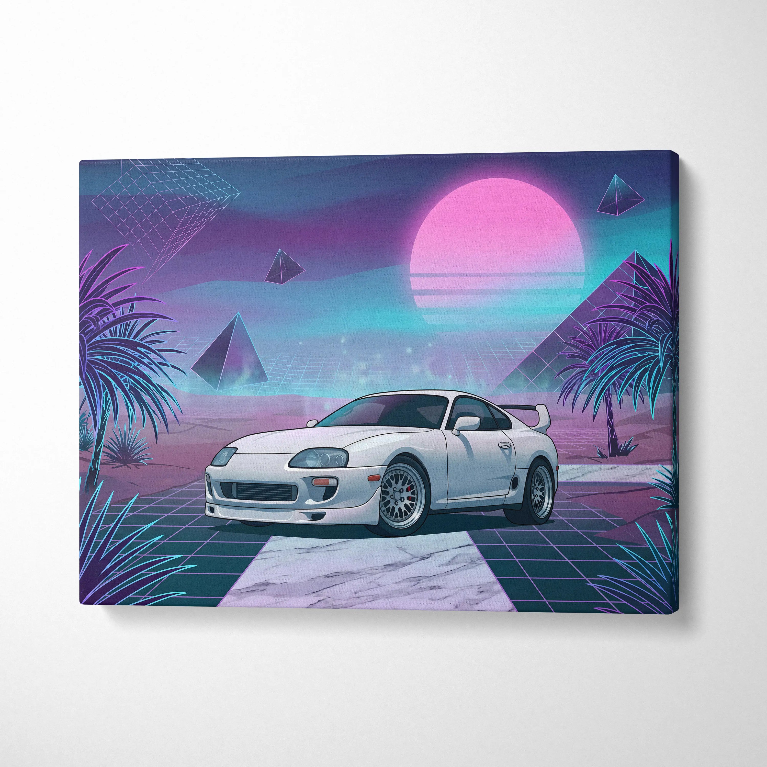 Toyota Supra MK4 Inspired White Purple Canvas Wall Art Vaporwave JDM Sports Car Artwork Neon Desert Garage Decor Retro Futuristic Sunset Print