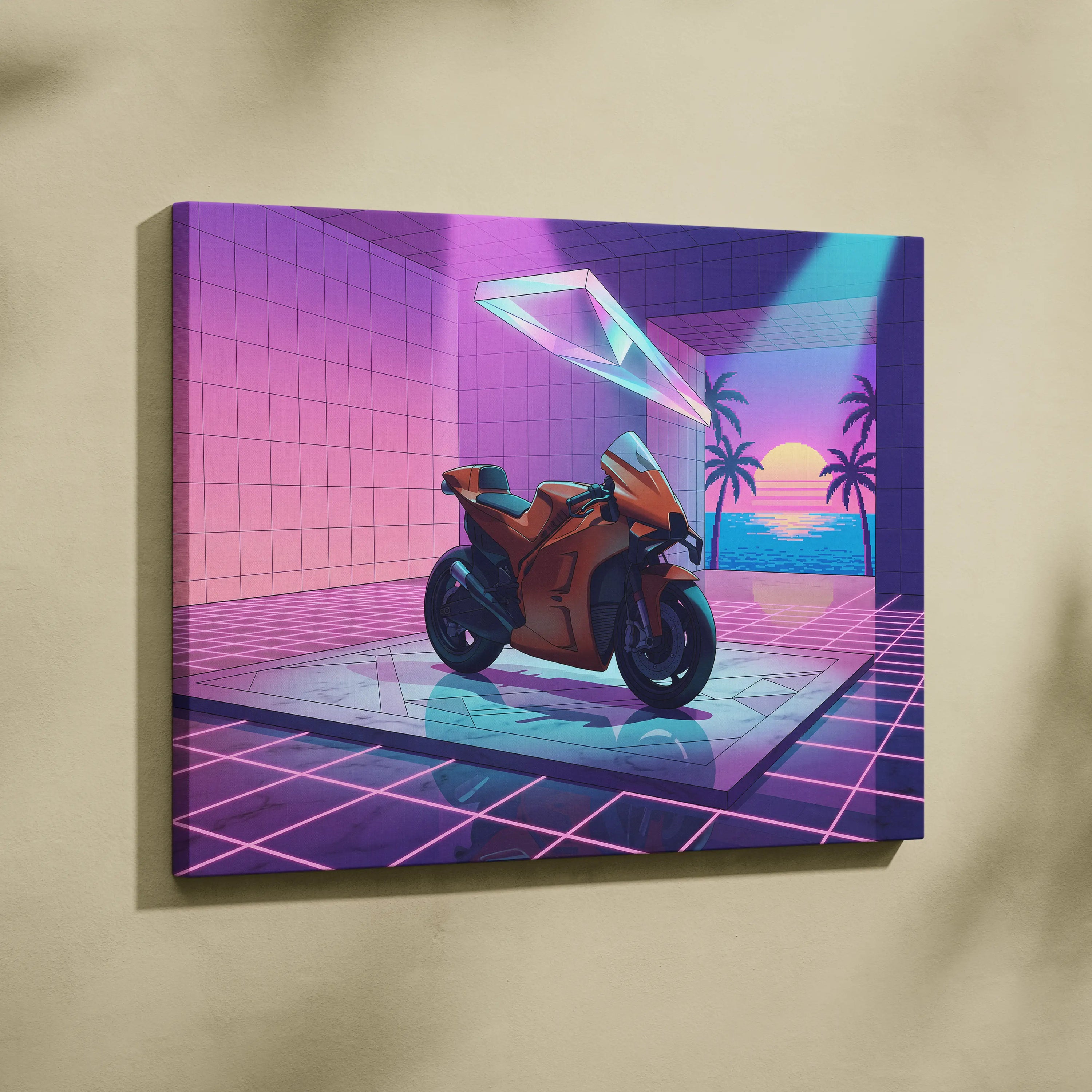 KTM RC8 Inspired Orange Purple Motorcycle Canvas Wall Art Vaporwave Neon Sunset Sportbike Garage Decor Retro Futuristic Artwork