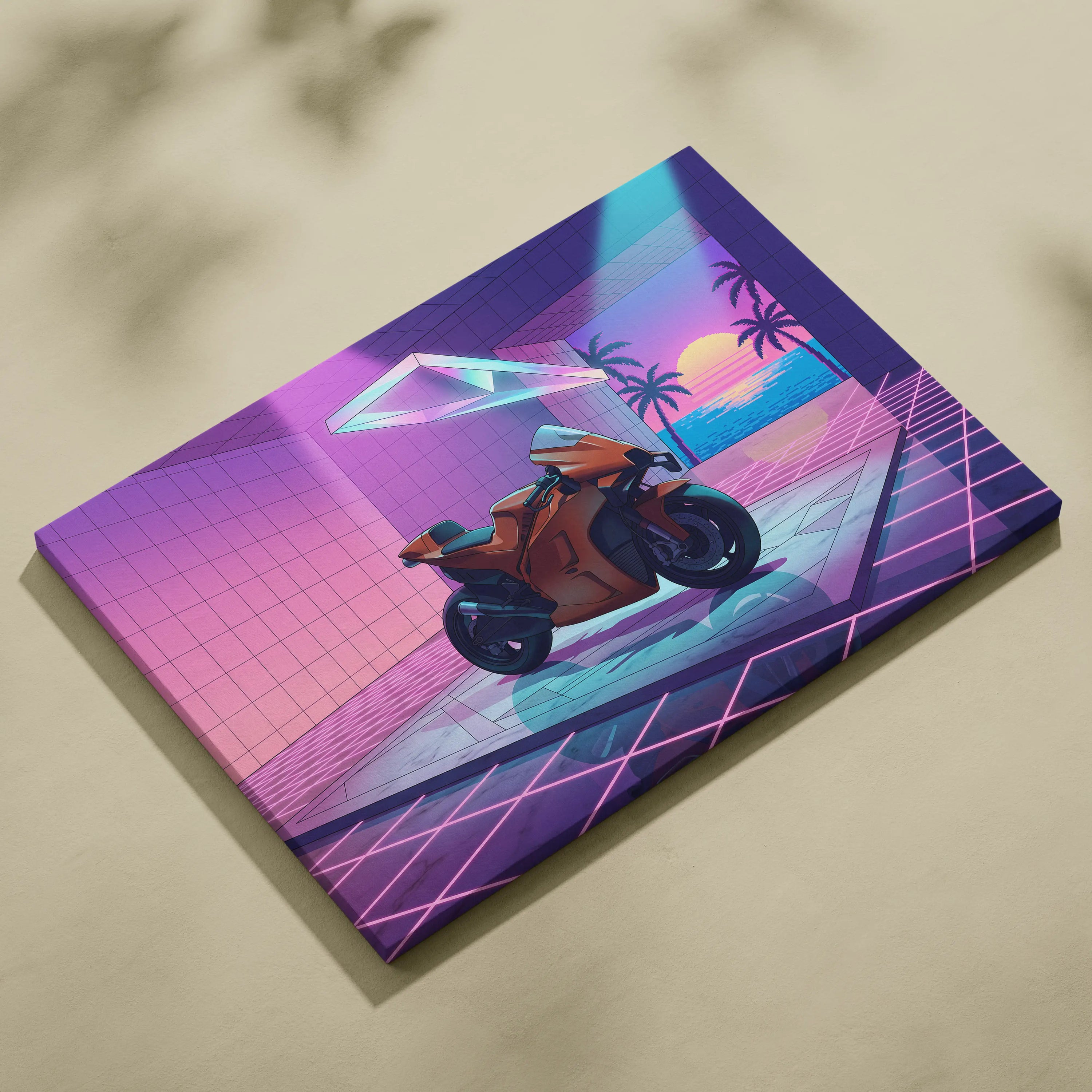 KTM RC8 Inspired Orange Purple Motorcycle Canvas Wall Art Vaporwave Neon Sunset Sportbike Garage Decor Retro Futuristic Artwork