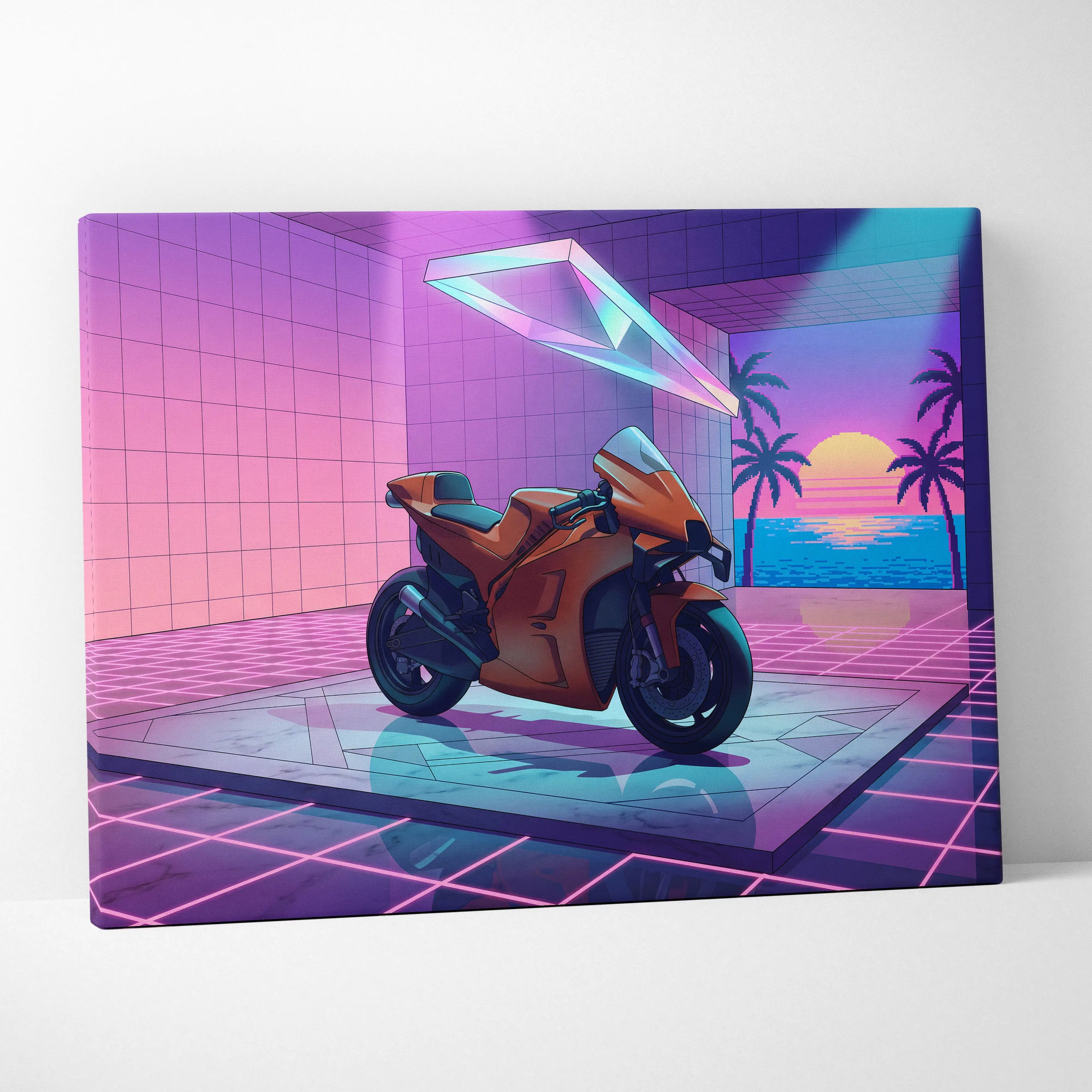 KTM RC8 Inspired Orange Purple Motorcycle Canvas Wall Art Vaporwave Neon Sunset Sportbike Garage Decor Retro Futuristic Artwork