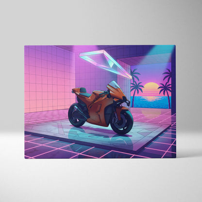 KTM RC8 Inspired Orange Purple Motorcycle Canvas Wall Art Vaporwave Neon Sunset Sportbike Garage Decor Retro Futuristic Artwork