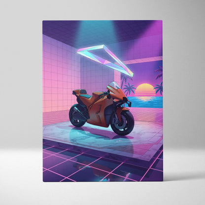 KTM RC8 Inspired Orange Purple Motorcycle Canvas Wall Art Vaporwave Neon Sunset Sportbike Garage Decor Retro Futuristic Artwork