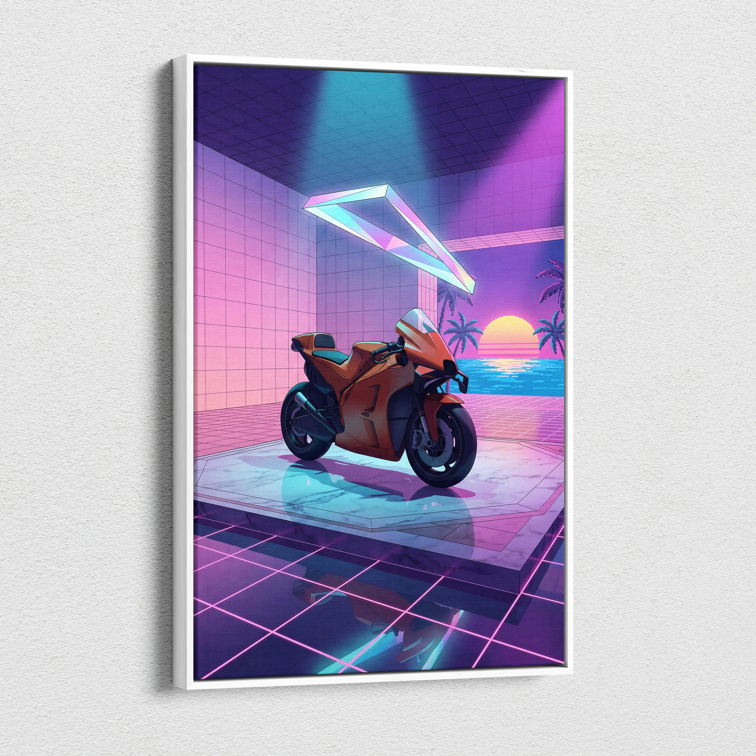 KTM RC8 Inspired Orange Purple Motorcycle Canvas Wall Art Vaporwave Neon Sunset Sportbike Garage Decor Retro Futuristic Artwork