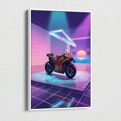 KTM RC8 Inspired Orange Purple Motorcycle Canvas Wall Art Vaporwave Neon Sunset Sportbike Garage Decor Retro Futuristic Artwork