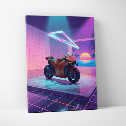 KTM RC8 Inspired Orange Purple Motorcycle Canvas Wall Art Vaporwave Neon Sunset Sportbike Garage Decor Retro Futuristic Artwork