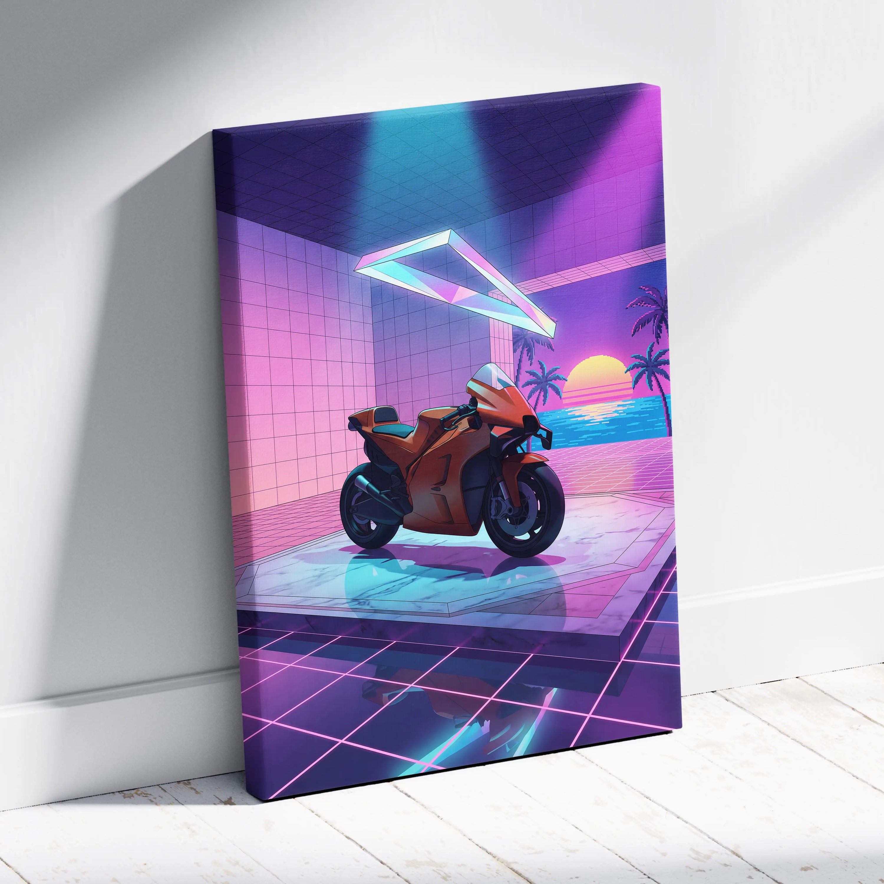 KTM RC8 Inspired Orange Purple Motorcycle Canvas Wall Art Vaporwave Neon Sunset Sportbike Garage Decor Retro Futuristic Artwork