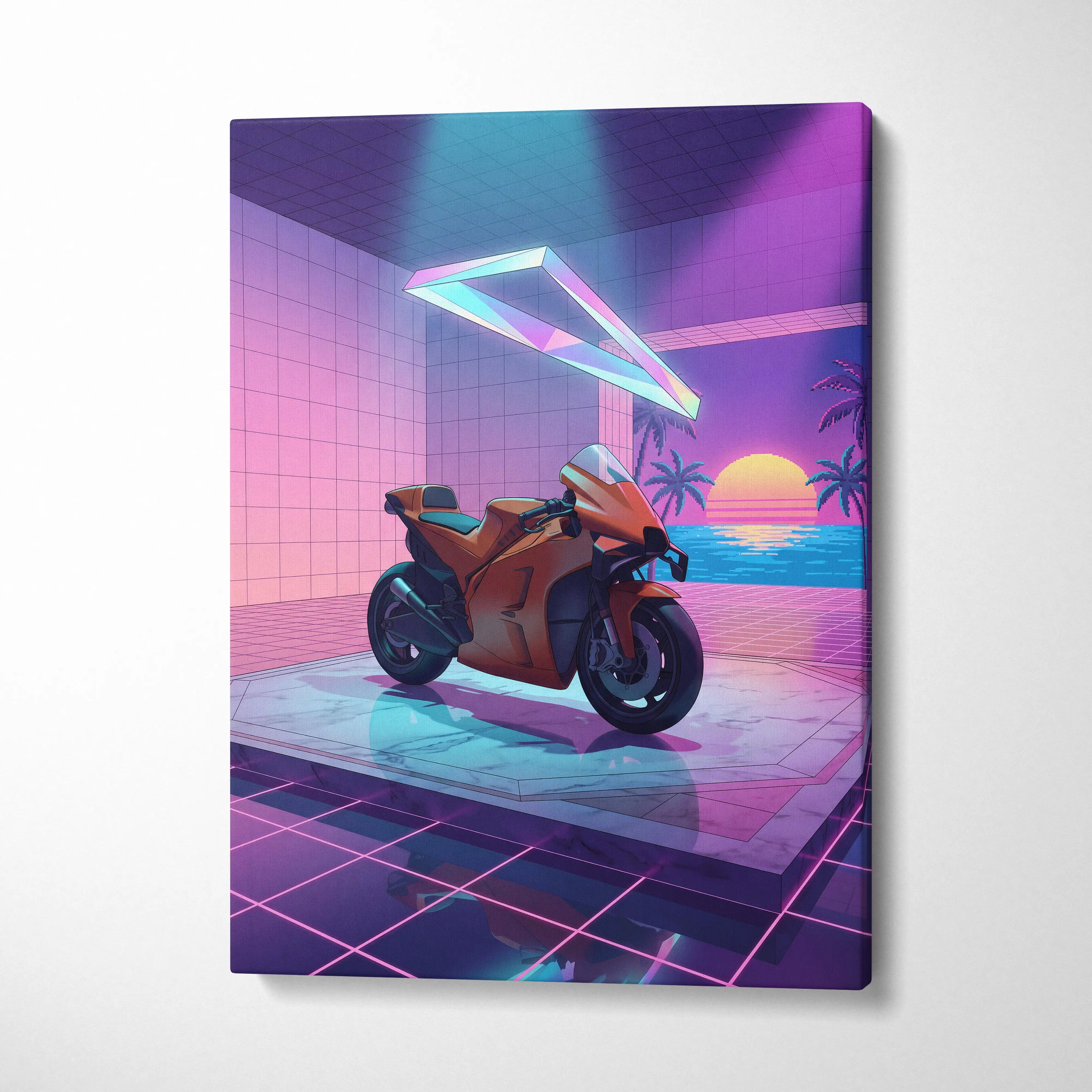 KTM RC8 Inspired Orange Purple Motorcycle Canvas Wall Art Vaporwave Neon Sunset Sportbike Garage Decor Retro Futuristic Artwork
