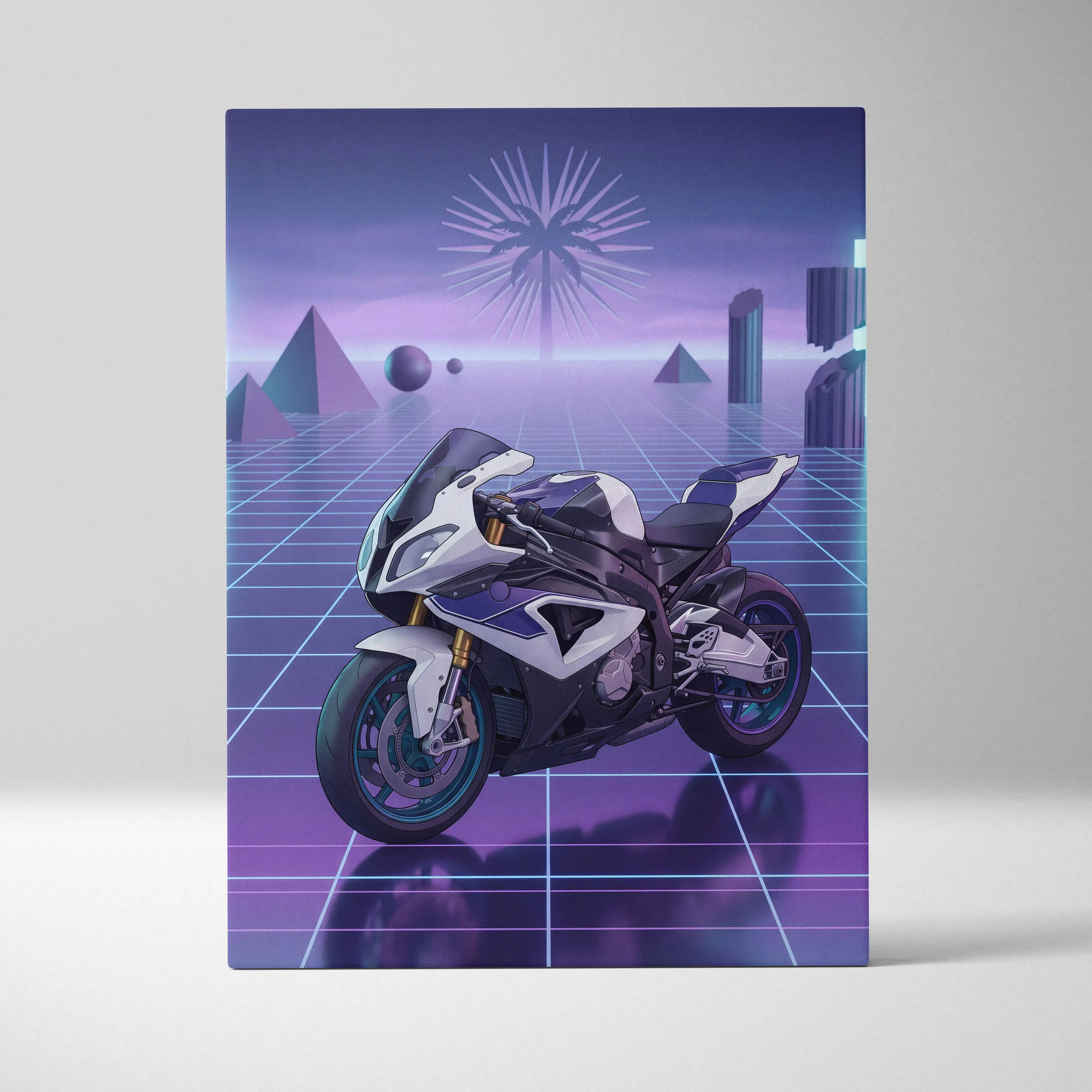 BMW S1000RR Inspired White Purple Motorcycle Canvas Wall Art Vaporwave Neon Grid Sportbike Artwork for Garage Decor Retro Futuristic Print