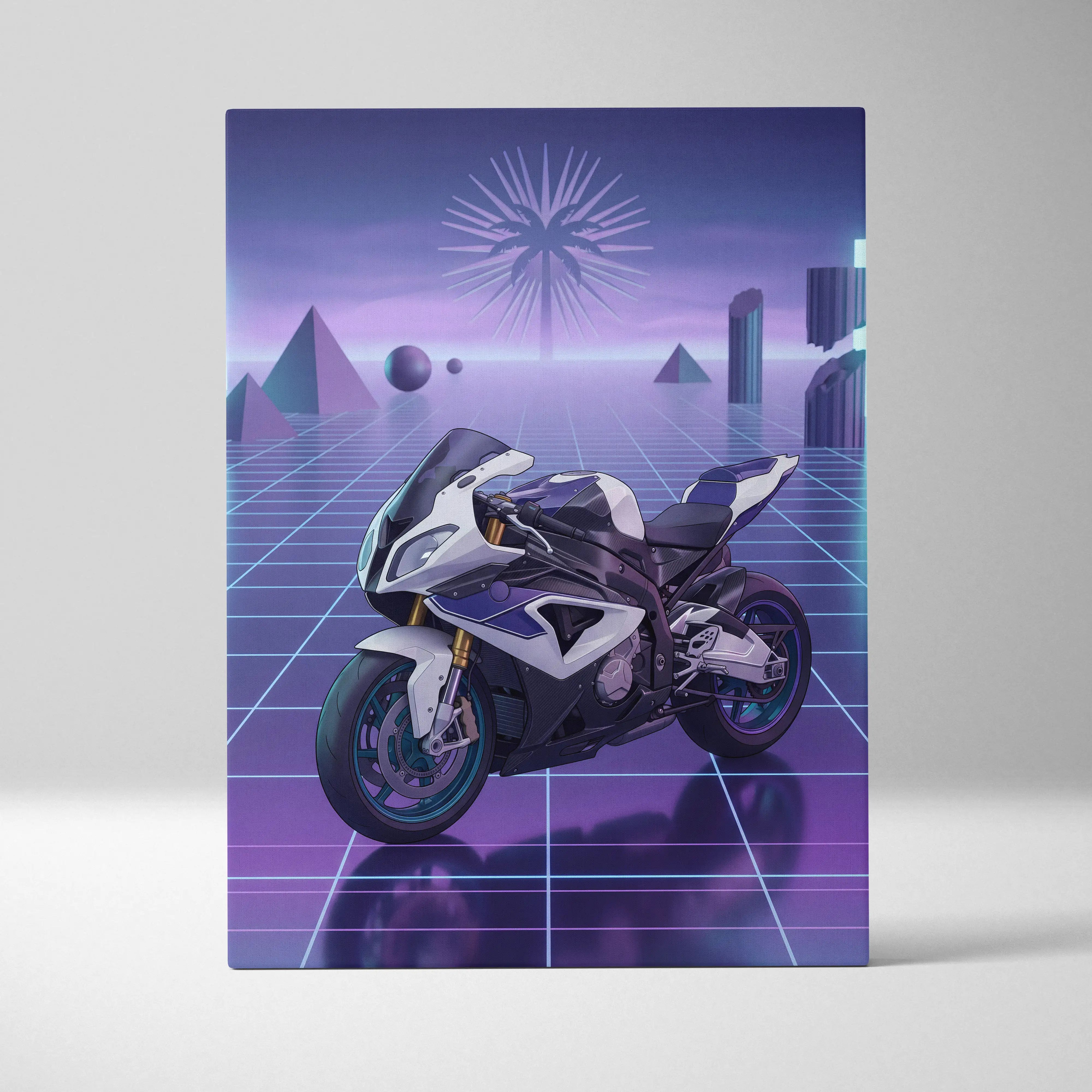 BMW S1000RR Inspired White Purple Motorcycle Canvas Wall Art Vaporwave Neon Grid Sportbike Artwork for Garage Decor Retro Futuristic Print