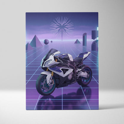 BMW S1000RR Inspired White Purple Motorcycle Canvas Wall Art Vaporwave Neon Grid Sportbike Artwork for Garage Decor Retro Futuristic Print
