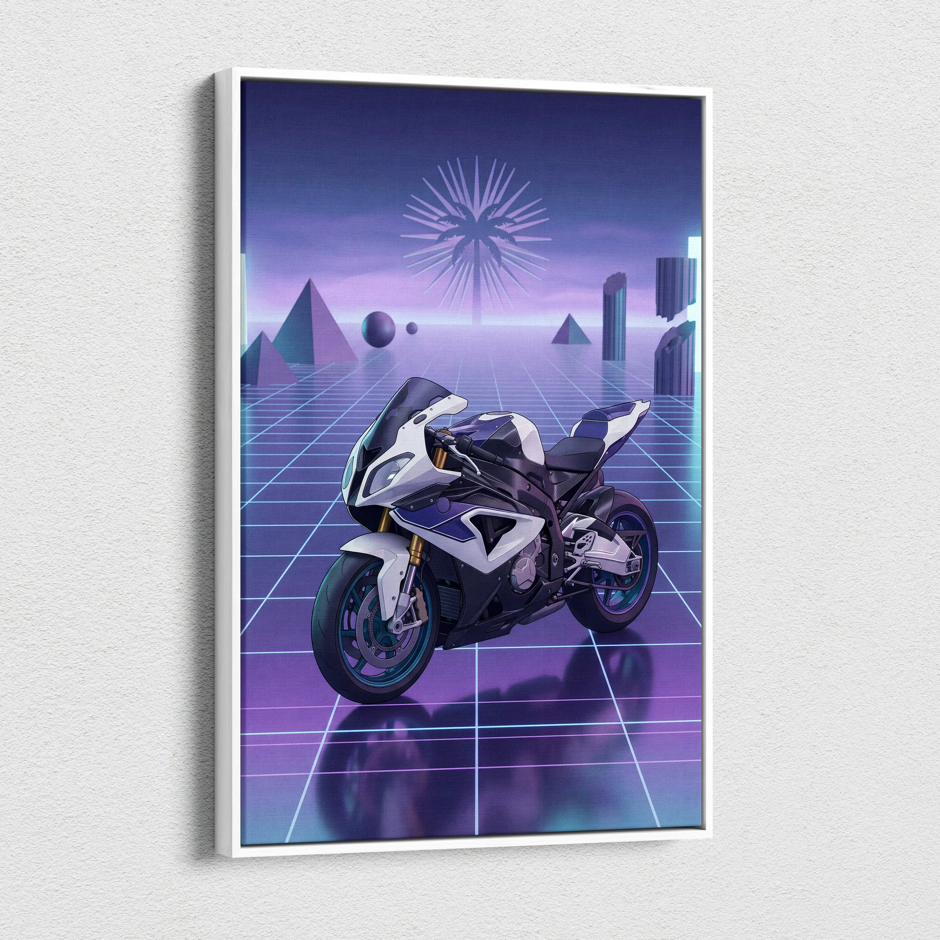 BMW S1000RR Inspired White Purple Motorcycle Canvas Wall Art Vaporwave Neon Grid Sportbike Artwork for Garage Decor Retro Futuristic Print