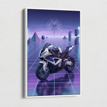 BMW S1000RR Inspired White Purple Motorcycle Canvas Wall Art Vaporwave Neon Grid Sportbike Artwork for Garage Decor Retro Futuristic Print