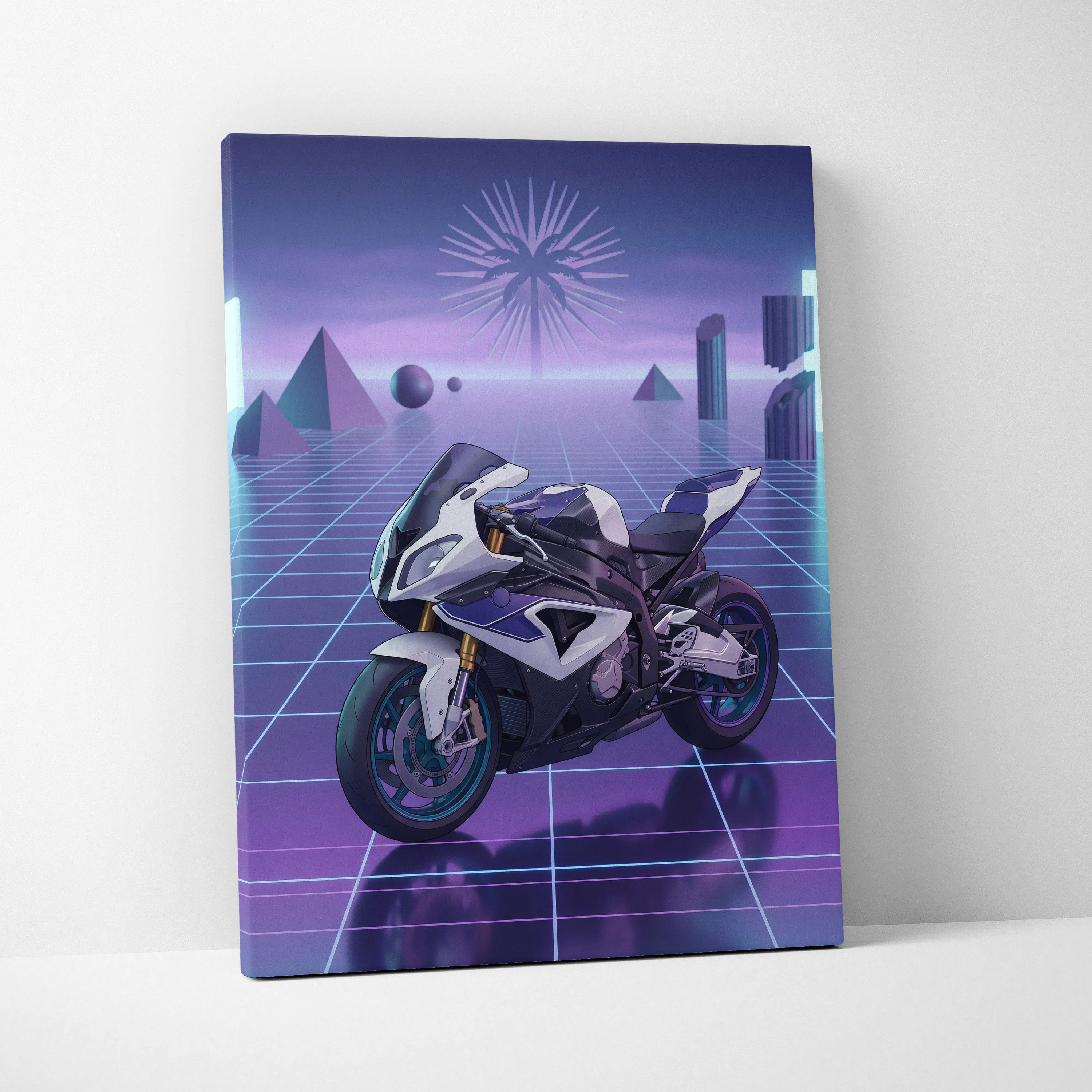BMW S1000RR Inspired White Purple Motorcycle Canvas Wall Art Vaporwave Neon Grid Sportbike Artwork for Garage Decor Retro Futuristic Print