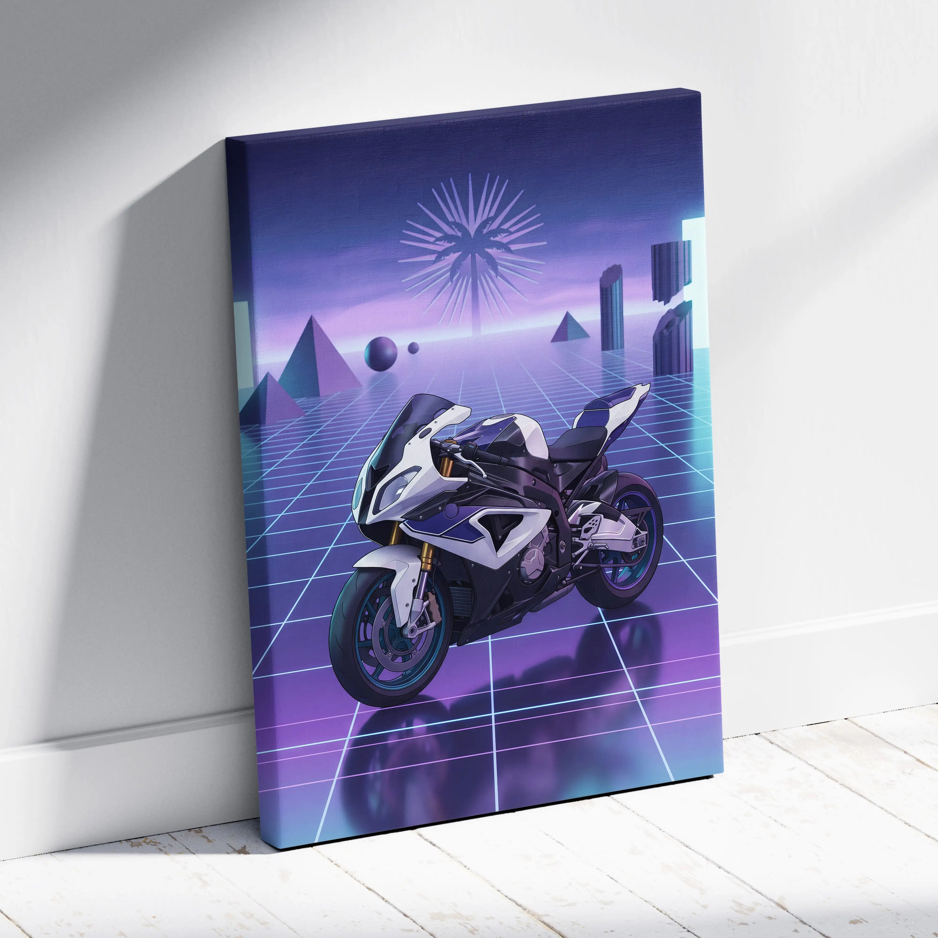 BMW S1000RR Inspired White Purple Motorcycle Canvas Wall Art Vaporwave Neon Grid Sportbike Artwork for Garage Decor Retro Futuristic Print