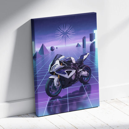 BMW S1000RR Inspired White Purple Motorcycle Canvas Wall Art Vaporwave Neon Grid Sportbike Artwork for Garage Decor Retro Futuristic Print