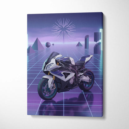 BMW S1000RR Inspired White Purple Motorcycle Canvas Wall Art Vaporwave Neon Grid Sportbike Artwork for Garage Decor Retro Futuristic Print