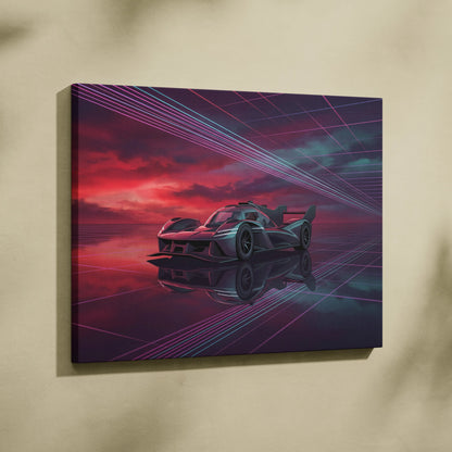 Genesis GMR 001 Inspired Purple Teal Canvas Wall Art, Vaporwave Racing Sunset, Futuristic Garage Decor, Hypercar Motorsport Artwork