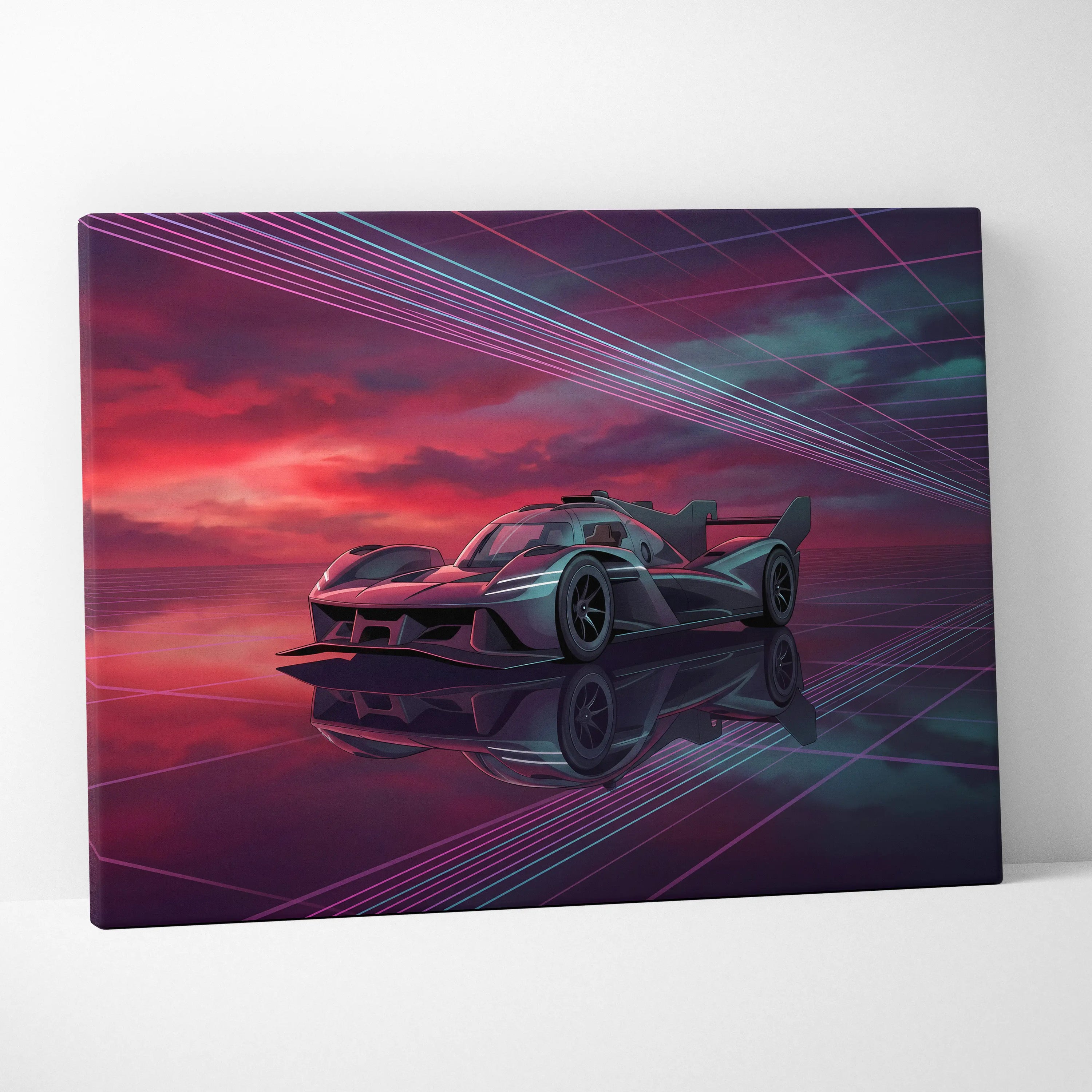 Genesis GMR 001 Inspired Purple Teal Canvas Wall Art, Vaporwave Racing Sunset, Futuristic Garage Decor, Hypercar Motorsport Artwork