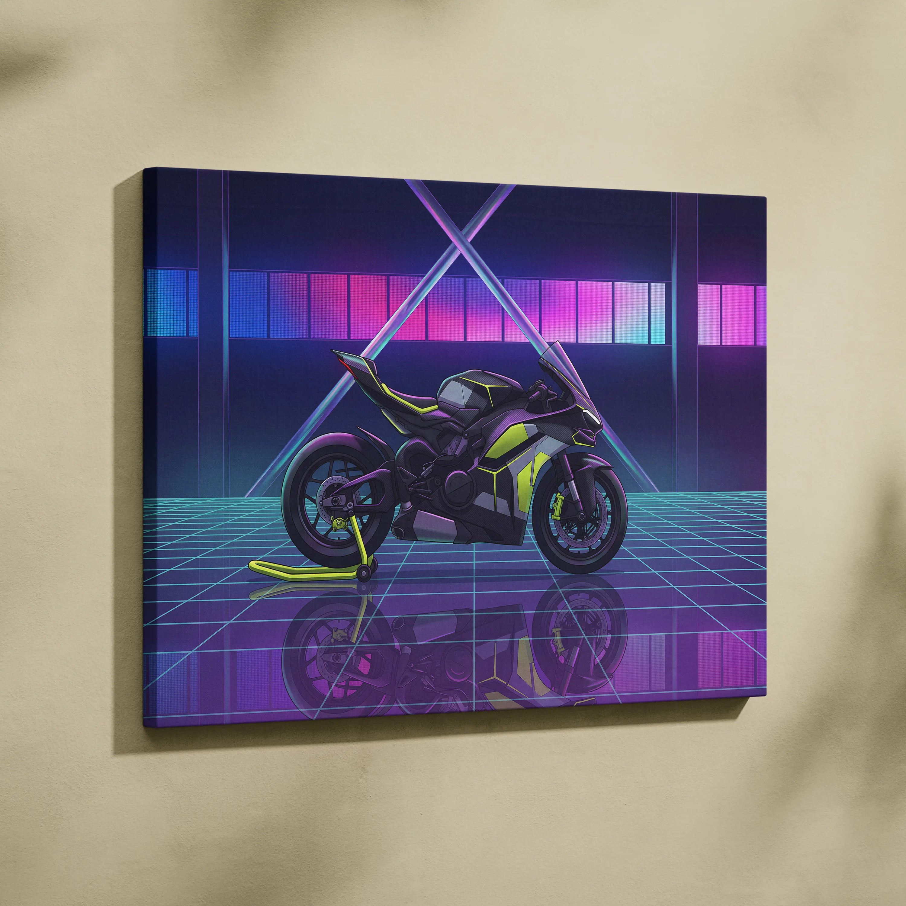 Ducati Panigale V4 Inspired Black Lime Vaporwave Motorcycle Canvas Wall Art Neon Grid Sportbike Artwork Cyberpunk Garage Decor