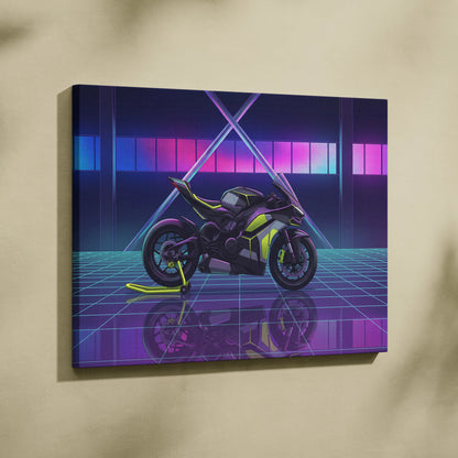 Ducati Panigale V4 Inspired Black Lime Vaporwave Motorcycle Canvas Wall Art Neon Grid Sportbike Artwork Cyberpunk Garage Decor