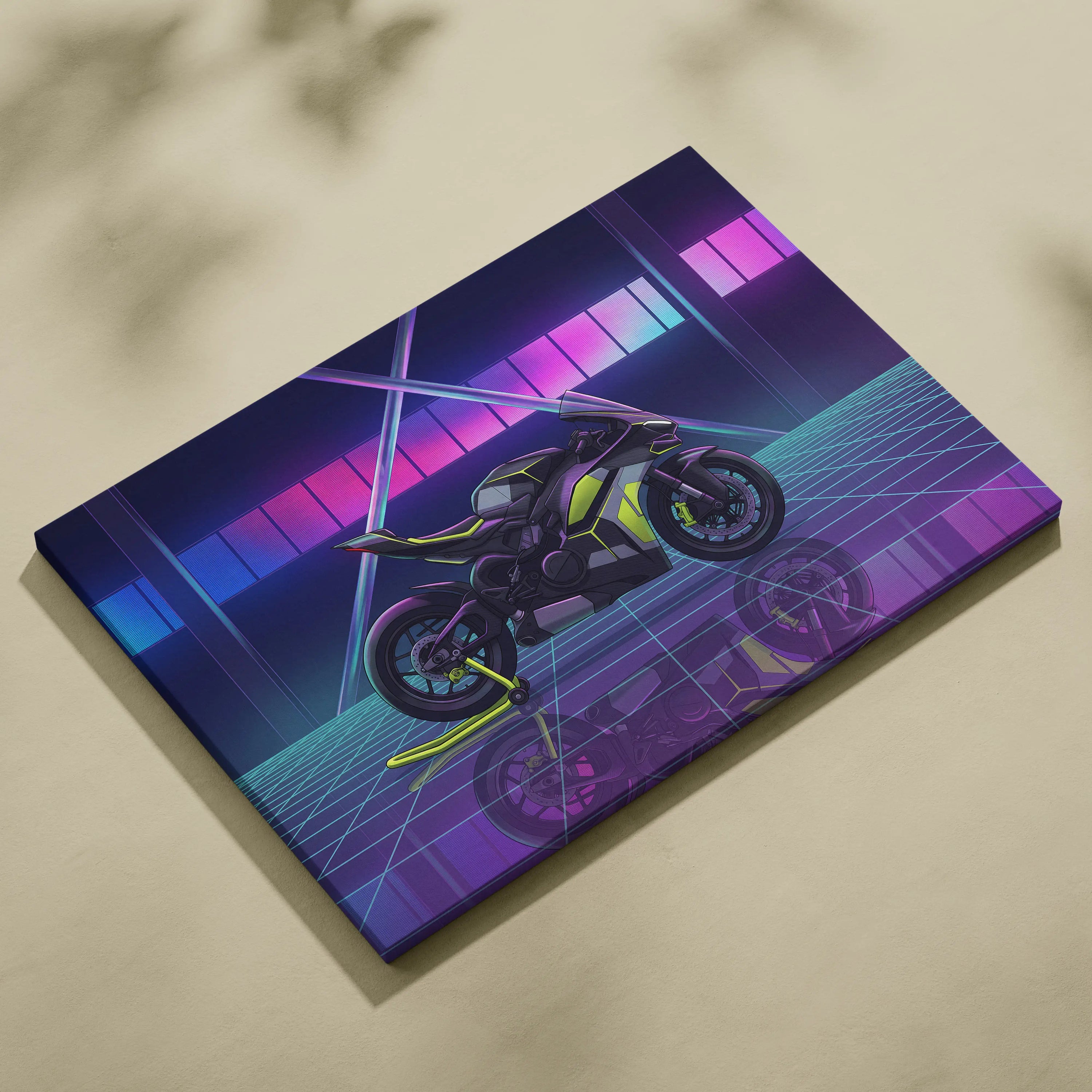 Ducati Panigale V4 Inspired Black Lime Vaporwave Motorcycle Canvas Wall Art Neon Grid Sportbike Artwork Cyberpunk Garage Decor