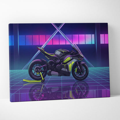 Ducati Panigale V4 Inspired Black Lime Vaporwave Motorcycle Canvas Wall Art Neon Grid Sportbike Artwork Cyberpunk Garage Decor