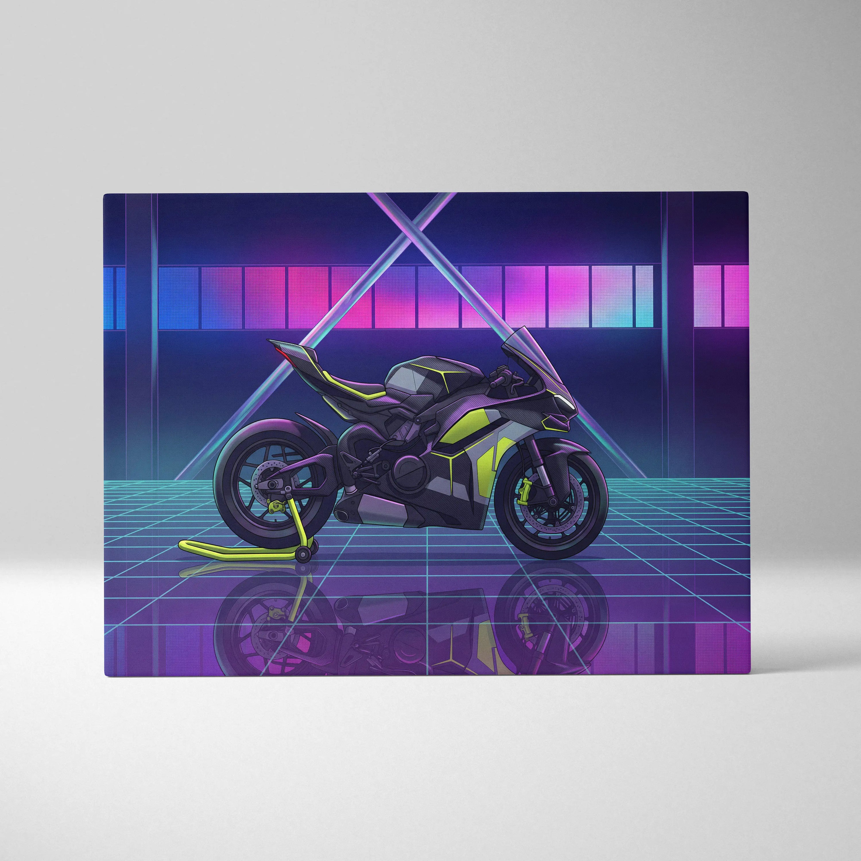Ducati Panigale V4 Inspired Black Lime Vaporwave Motorcycle Canvas Wall Art Neon Grid Sportbike Artwork Cyberpunk Garage Decor