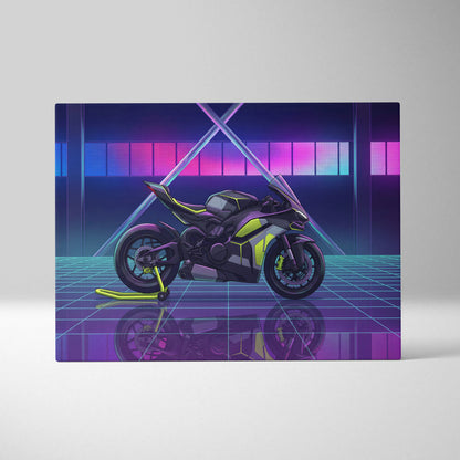 Ducati Panigale V4 Inspired Black Lime Vaporwave Motorcycle Canvas Wall Art Neon Grid Sportbike Artwork Cyberpunk Garage Decor