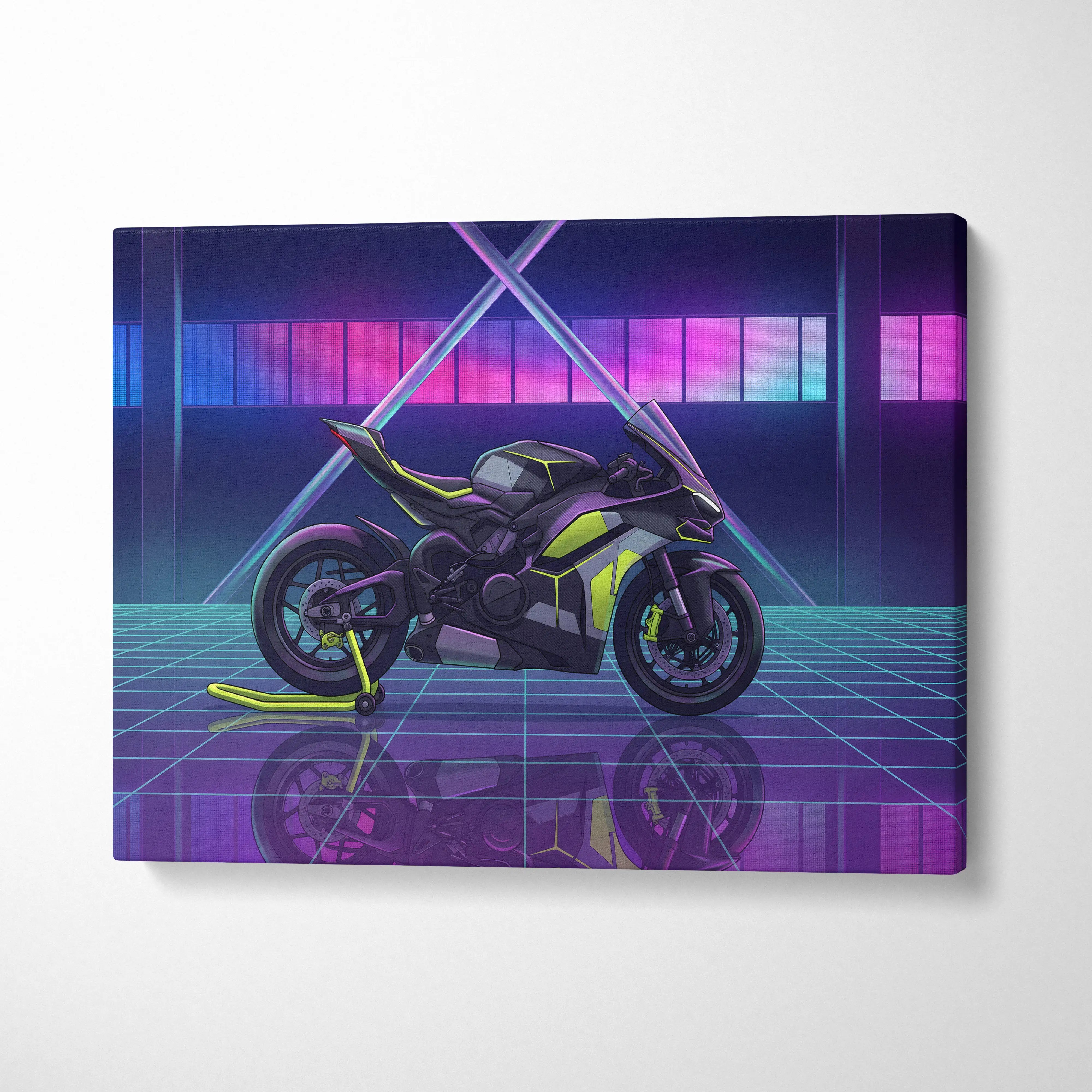 Ducati Panigale V4 Inspired Black Lime Vaporwave Motorcycle Canvas Wall Art Neon Grid Sportbike Artwork Cyberpunk Garage Decor