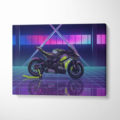 Ducati Panigale V4 Inspired Black Lime Vaporwave Motorcycle Canvas Wall Art Neon Grid Sportbike Artwork Cyberpunk Garage Decor