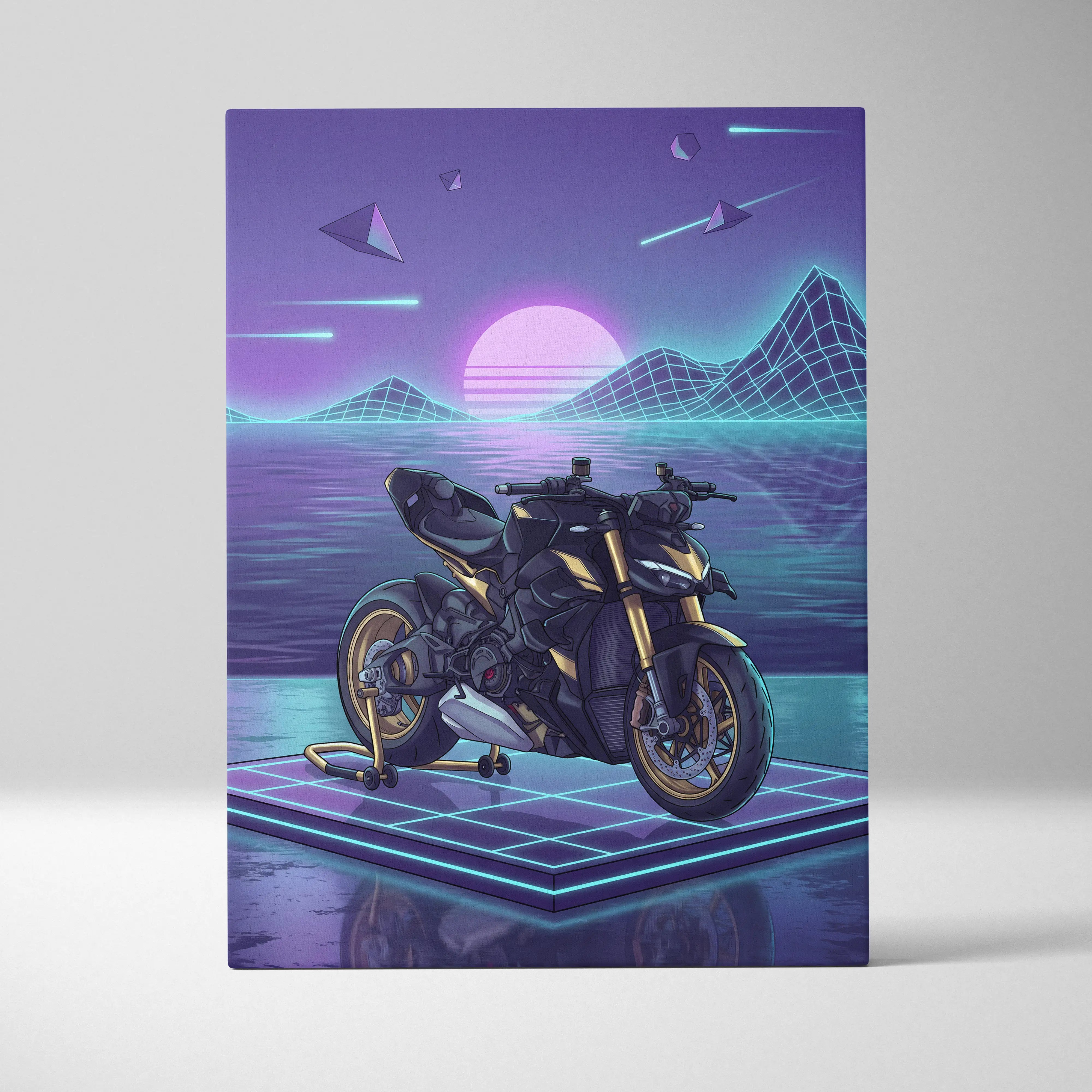 Ducati Streetfighter V4 Inspired Black Gold Motorcycle Canvas Wall Art Vaporwave Neon Grid Streetfighter Artwork for Garage Decor Retro Futuristic Print