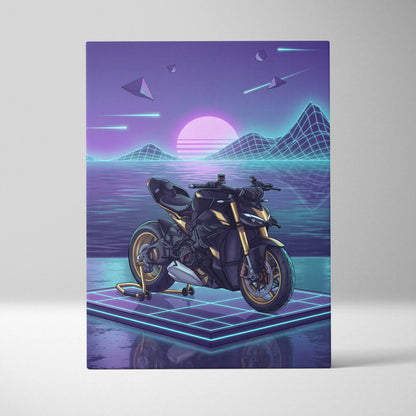 Ducati Streetfighter V4 Inspired Black Gold Motorcycle Canvas Wall Art Vaporwave Neon Grid Streetfighter Artwork for Garage Decor Retro Futuristic Print