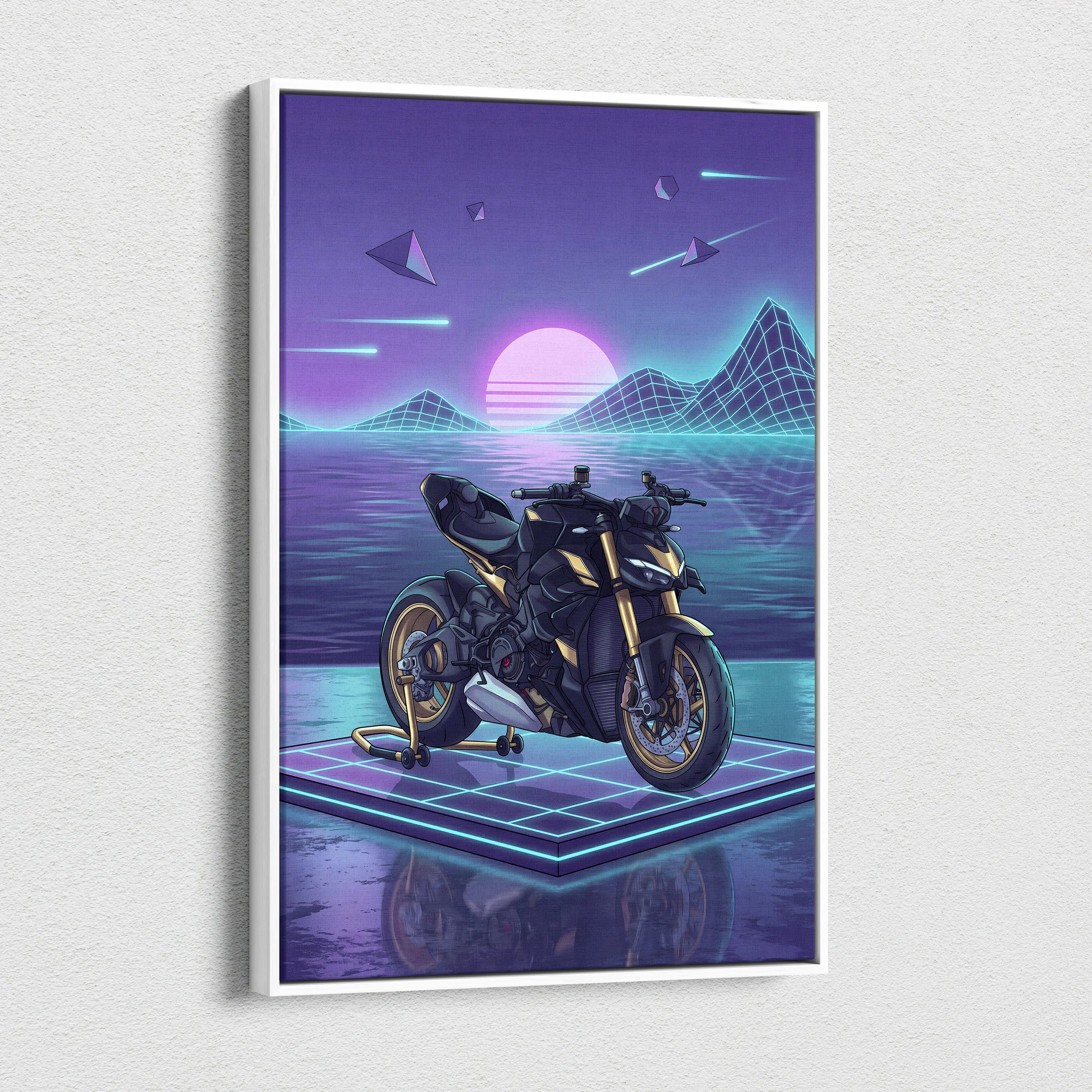 Ducati Streetfighter V4 Inspired Black Gold Motorcycle Canvas Wall Art Vaporwave Neon Grid Streetfighter Artwork for Garage Decor Retro Futuristic Print