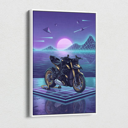 Ducati Streetfighter V4 Inspired Black Gold Motorcycle Canvas Wall Art Vaporwave Neon Grid Streetfighter Artwork for Garage Decor Retro Futuristic Print