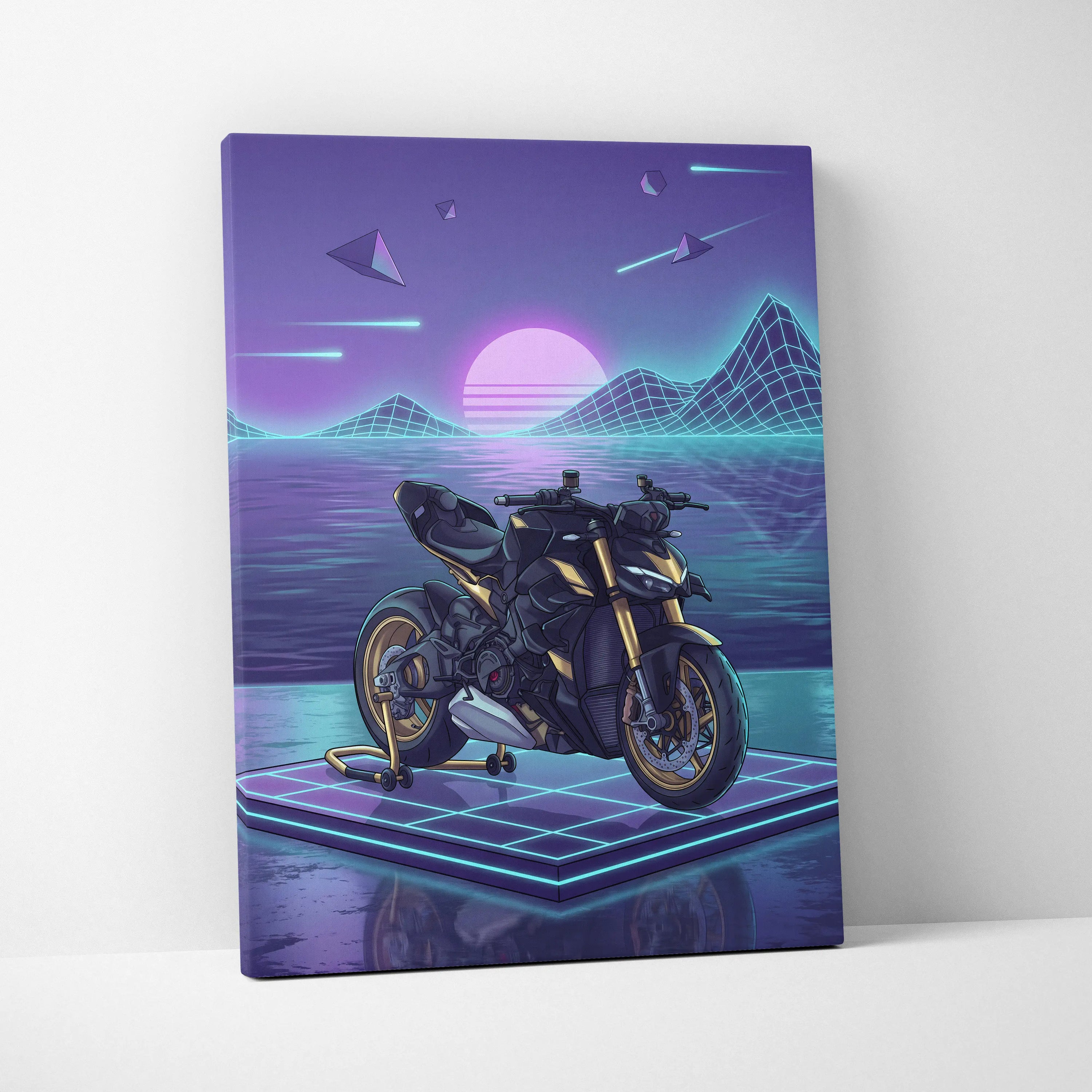 Ducati Streetfighter V4 Inspired Black Gold Motorcycle Canvas Wall Art Vaporwave Neon Grid Streetfighter Artwork for Garage Decor Retro Futuristic Print