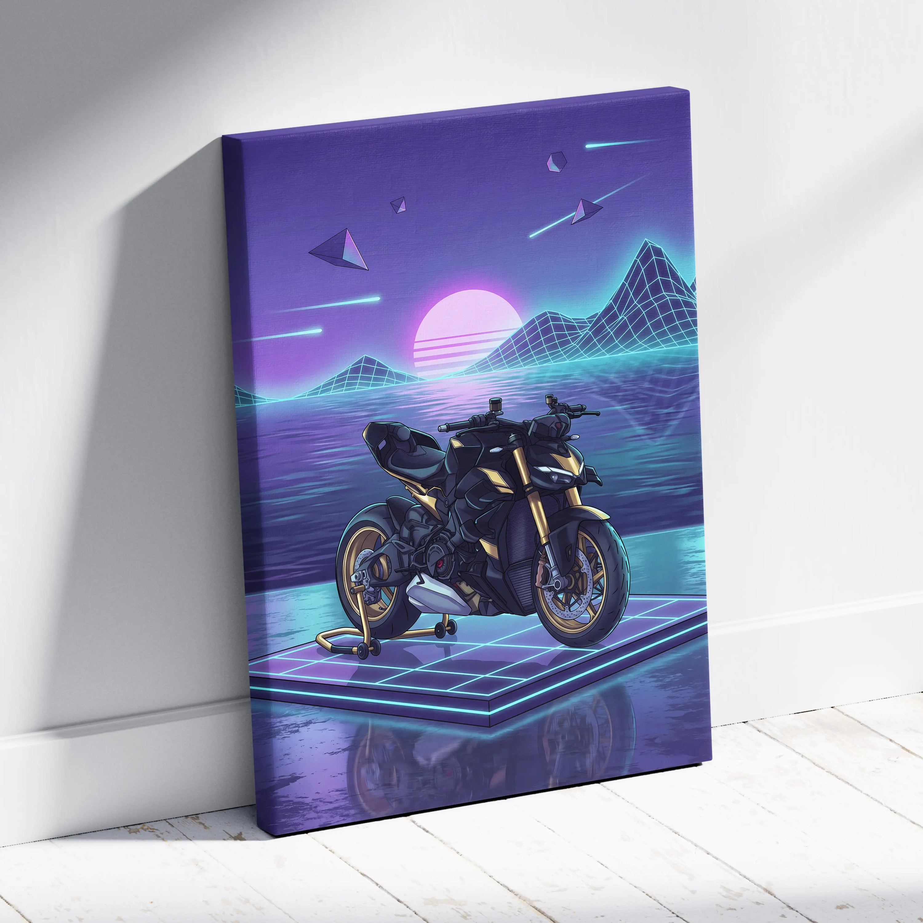 Ducati Streetfighter V4 Inspired Black Gold Motorcycle Canvas Wall Art Vaporwave Neon Grid Streetfighter Artwork for Garage Decor Retro Futuristic Print