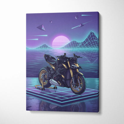 Ducati Streetfighter V4 Inspired Black Gold Motorcycle Canvas Wall Art Vaporwave Neon Grid Streetfighter Artwork for Garage Decor Retro Futuristic Print