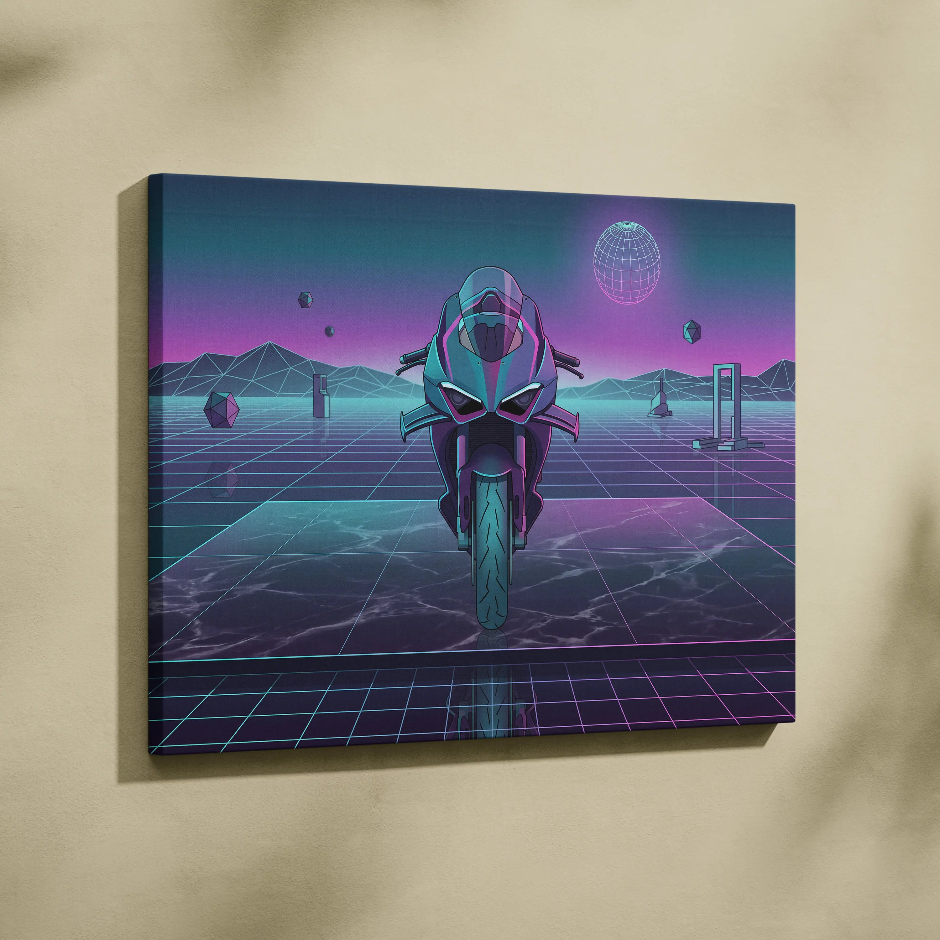 Ducati Panigale V4 Inspired Teal Purple Vaporwave Motorcycle Canvas Wall Art Neon Grid Sportbike Artwork Retro Futuristic Garage Decor