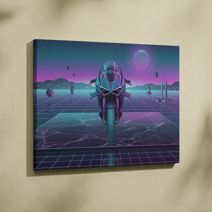 Ducati Panigale V4 Inspired Teal Purple Vaporwave Motorcycle Canvas Wall Art Neon Grid Sportbike Artwork Retro Futuristic Garage Decor