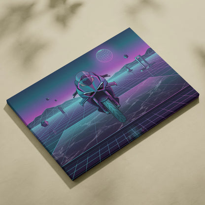 Ducati Panigale V4 Inspired Teal Purple Vaporwave Motorcycle Canvas Wall Art Neon Grid Sportbike Artwork Retro Futuristic Garage Decor