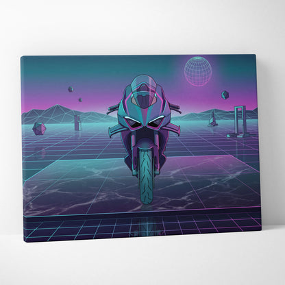 Ducati Panigale V4 Inspired Teal Purple Vaporwave Motorcycle Canvas Wall Art Neon Grid Sportbike Artwork Retro Futuristic Garage Decor