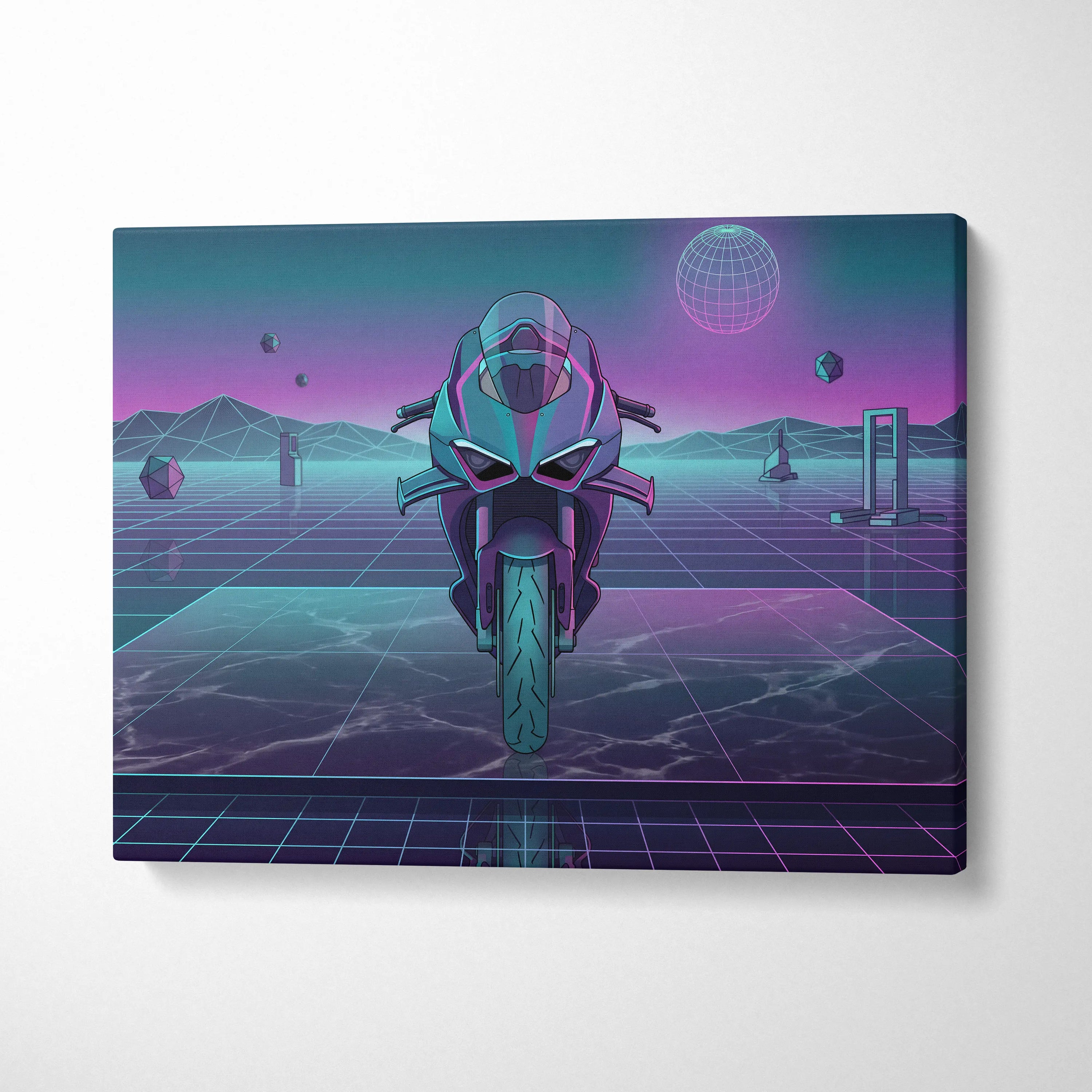 Ducati Panigale V4 Inspired Teal Purple Vaporwave Motorcycle Canvas Wall Art Neon Grid Sportbike Artwork Retro Futuristic Garage Decor