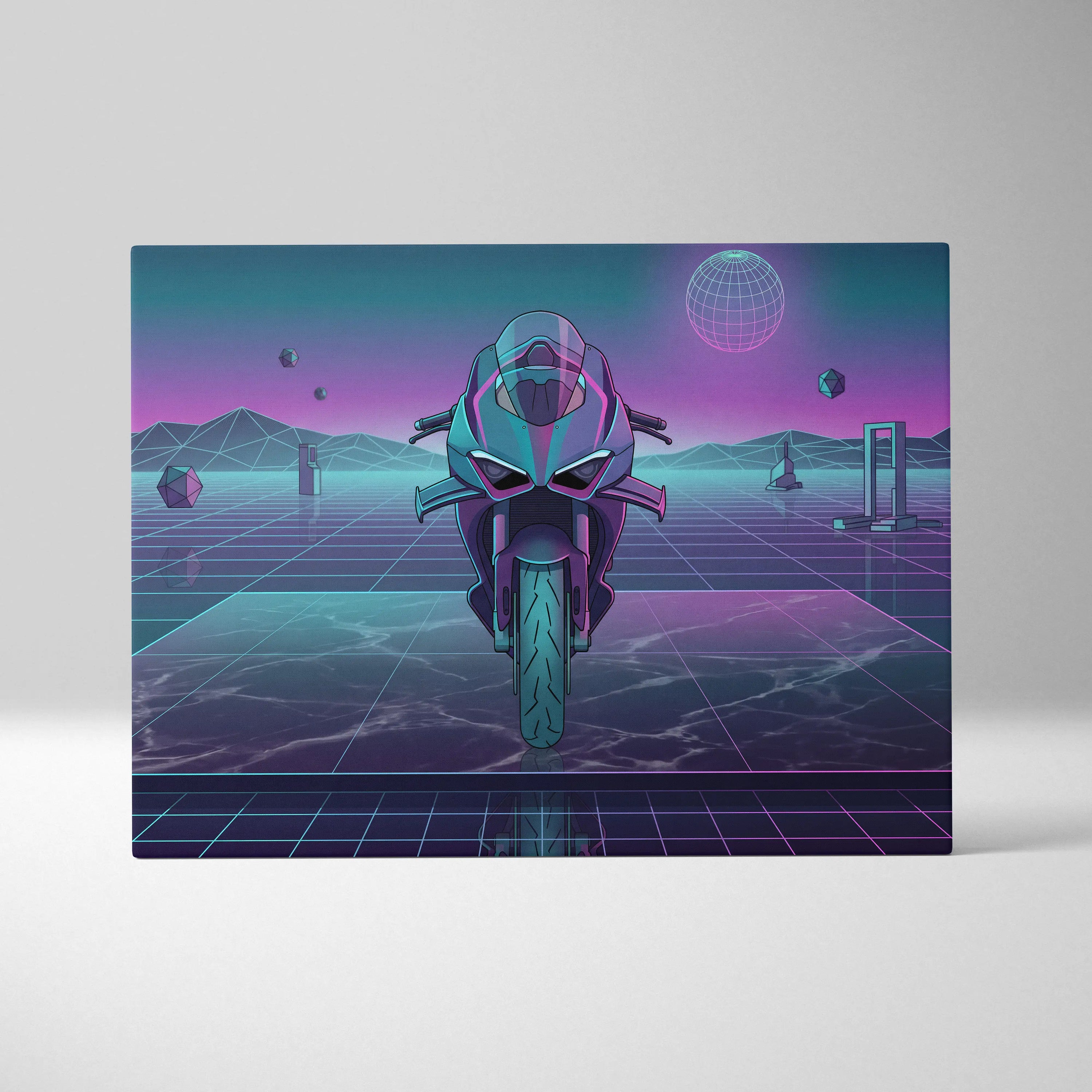 Ducati Panigale V4 Inspired Teal Purple Vaporwave Motorcycle Canvas Wall Art Neon Grid Sportbike Artwork Retro Futuristic Garage Decor