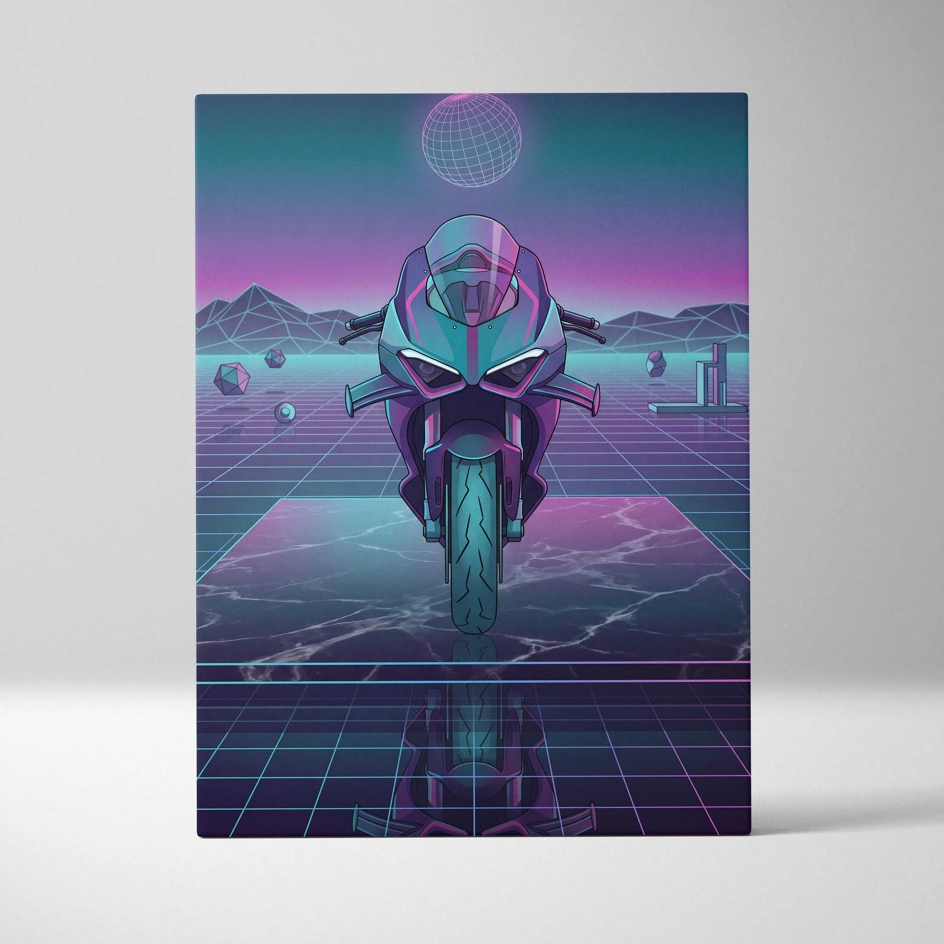 Ducati Panigale V4 Inspired Teal Purple Vaporwave Motorcycle Canvas Wall Art Neon Grid Sportbike Artwork Retro Futuristic Garage Decor
