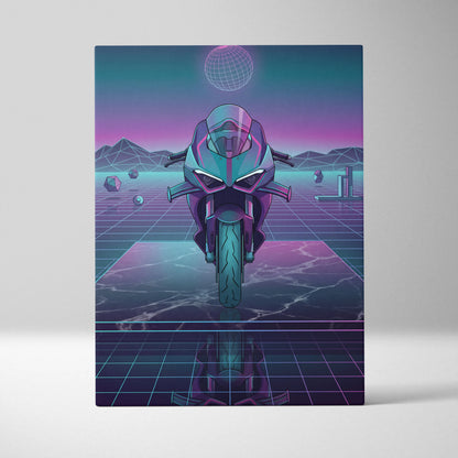 Ducati Panigale V4 Inspired Teal Purple Vaporwave Motorcycle Canvas Wall Art Neon Grid Sportbike Artwork Retro Futuristic Garage Decor
