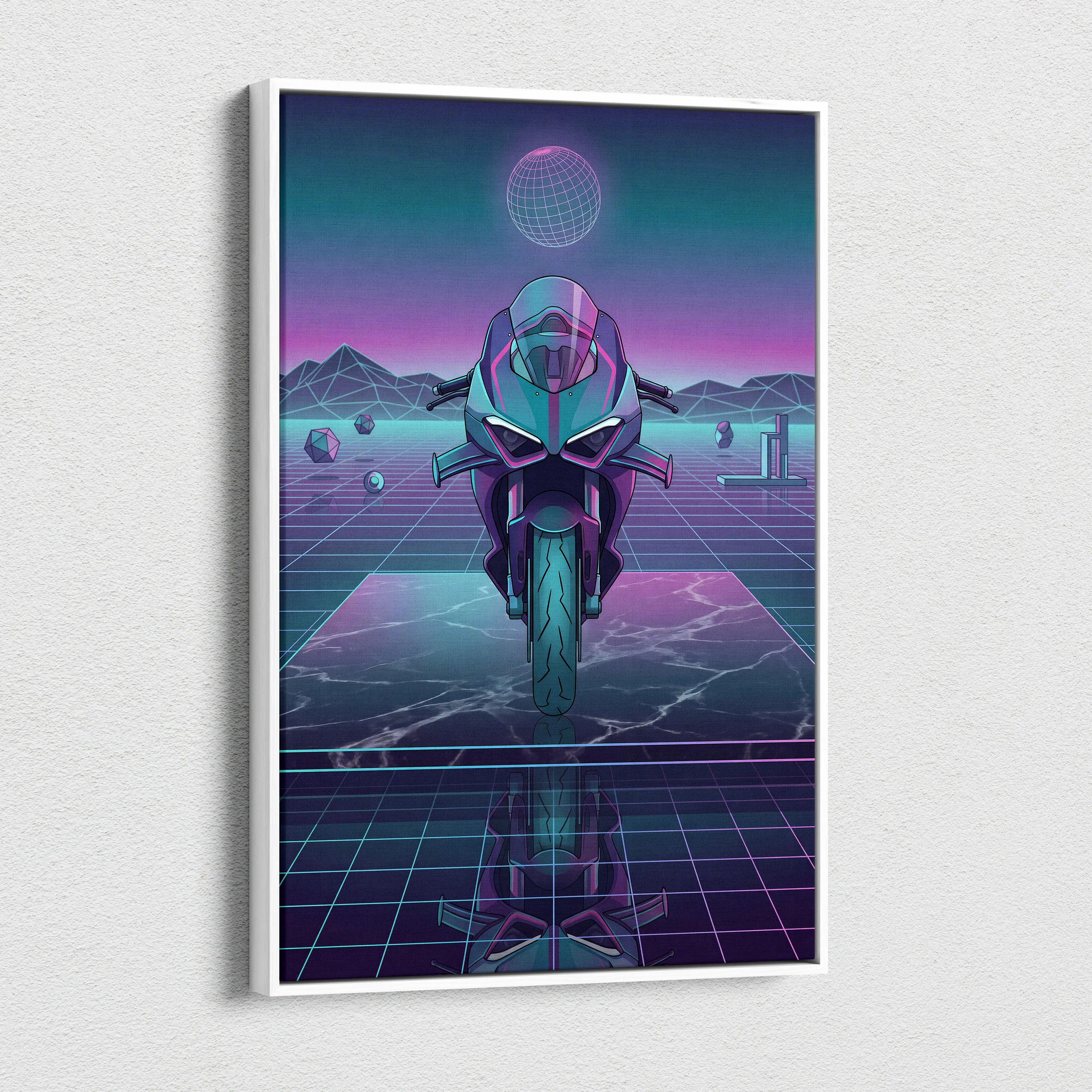Ducati Panigale V4 Inspired Teal Purple Vaporwave Motorcycle Canvas Wall Art Neon Grid Sportbike Artwork Retro Futuristic Garage Decor