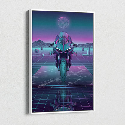 Ducati Panigale V4 Inspired Teal Purple Vaporwave Motorcycle Canvas Wall Art Neon Grid Sportbike Artwork Retro Futuristic Garage Decor