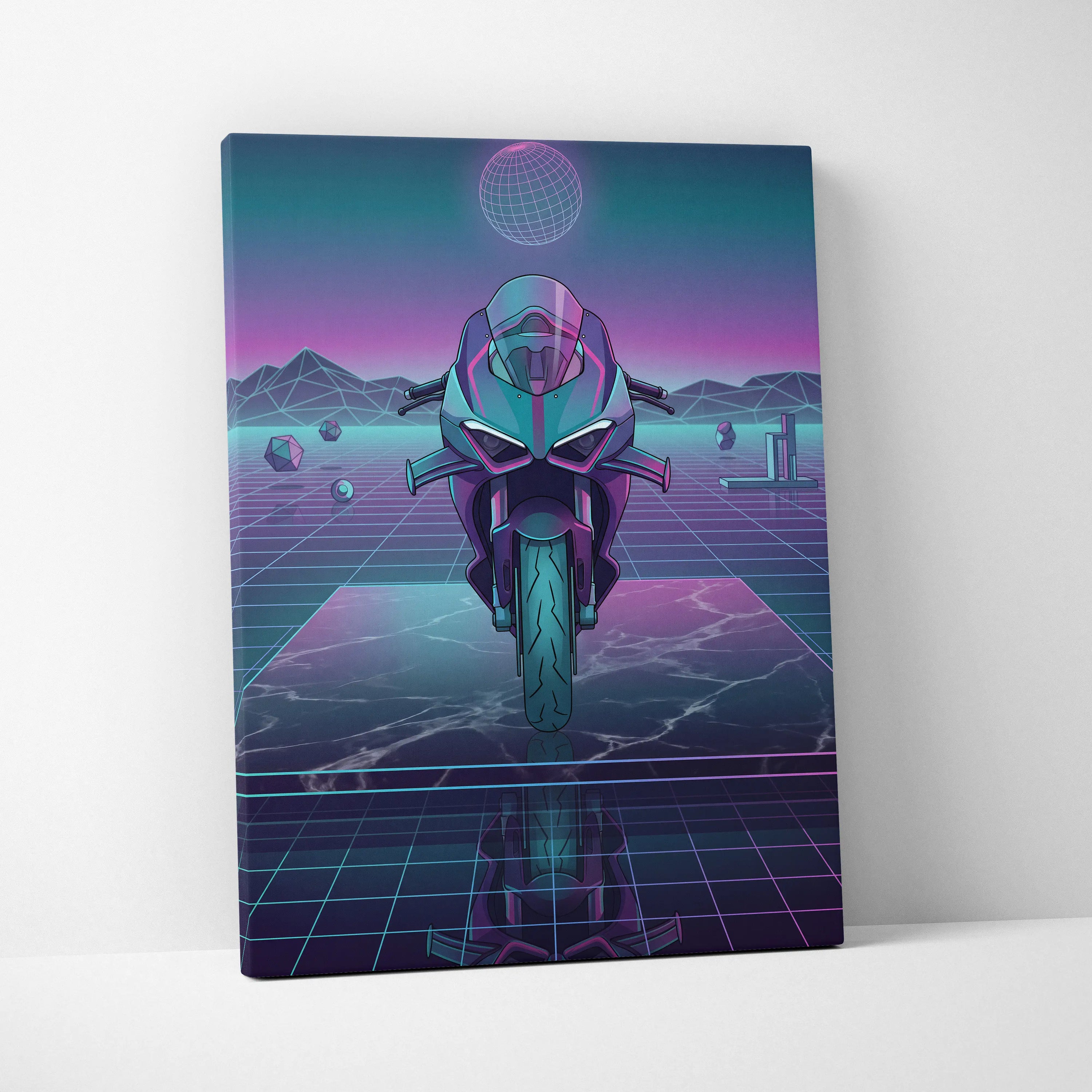 Ducati Panigale V4 Inspired Teal Purple Vaporwave Motorcycle Canvas Wall Art Neon Grid Sportbike Artwork Retro Futuristic Garage Decor