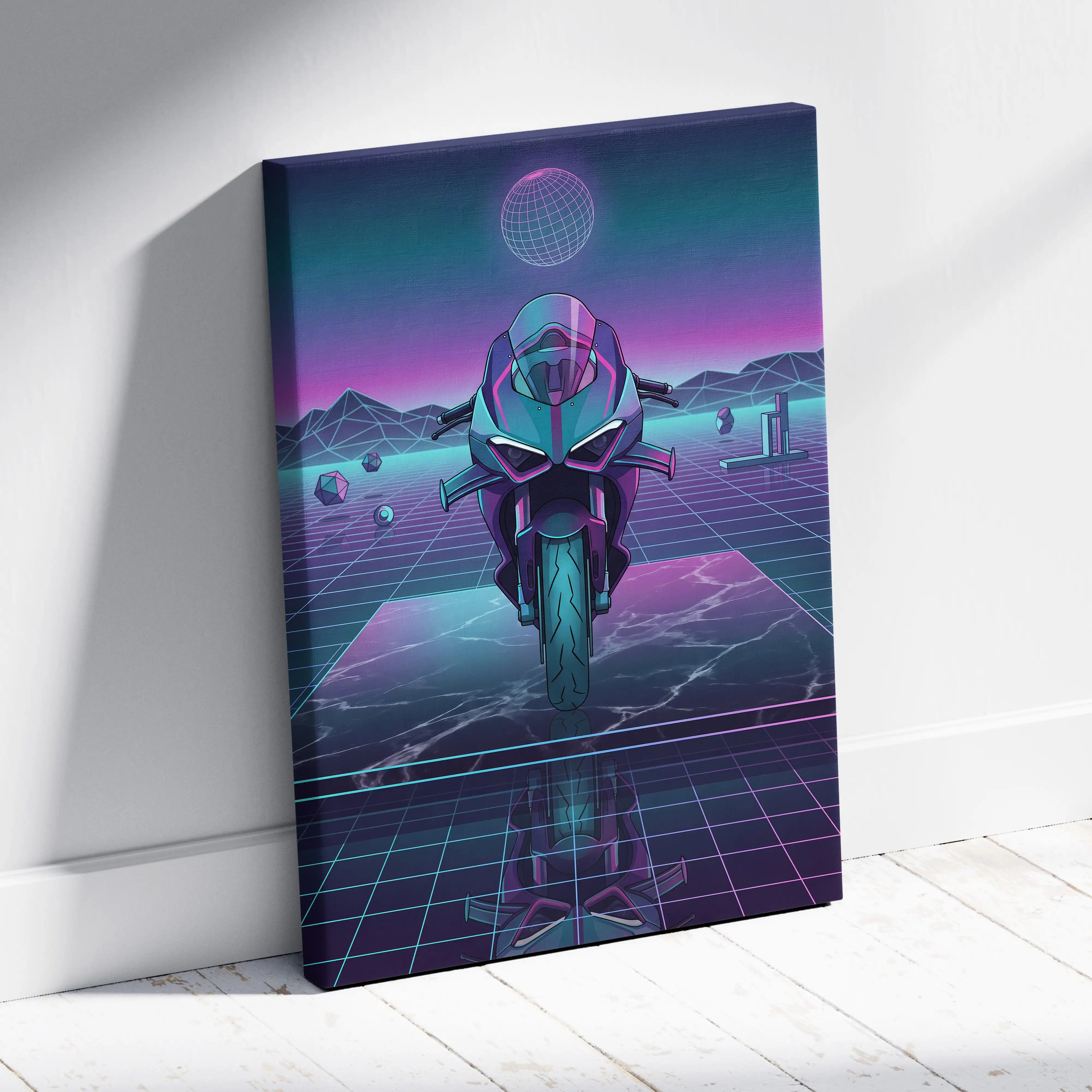 Ducati Panigale V4 Inspired Teal Purple Vaporwave Motorcycle Canvas Wall Art Neon Grid Sportbike Artwork Retro Futuristic Garage Decor